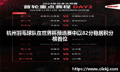 杭州羽毛球队在世界杯预选赛中以82分稳居积分榜首位